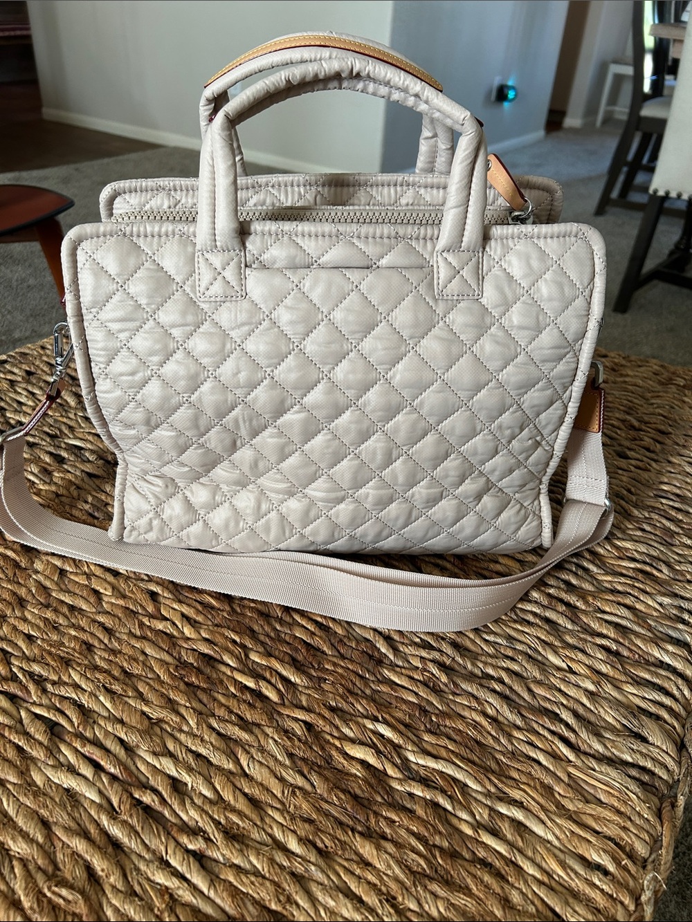 MZ Wallace Quilted Cream/Mushroom Box Tote with Detachable Strap - Picture 2 of 10
